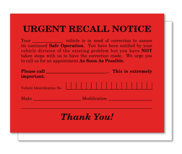 Urgent Recall Notice Cards