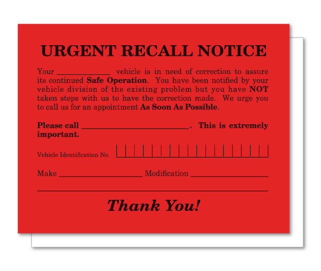 Urgent Recall Notice Cards