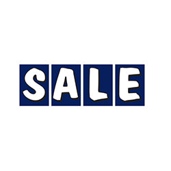 The word 'SALE' in white letters on a blue background