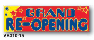 Grand Re-Opening banner with colorful text on a red background