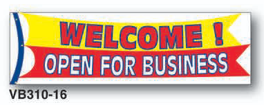 Banner with 'Welcome! Open for Business' text on a white background