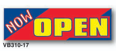 Now Open banner with red and blue background