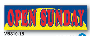 Colorful 'Open Sunday' sign with a yellow border and red text.