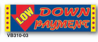Decorative sign with 'LOW DOWN PAYMENT' text on a blue background